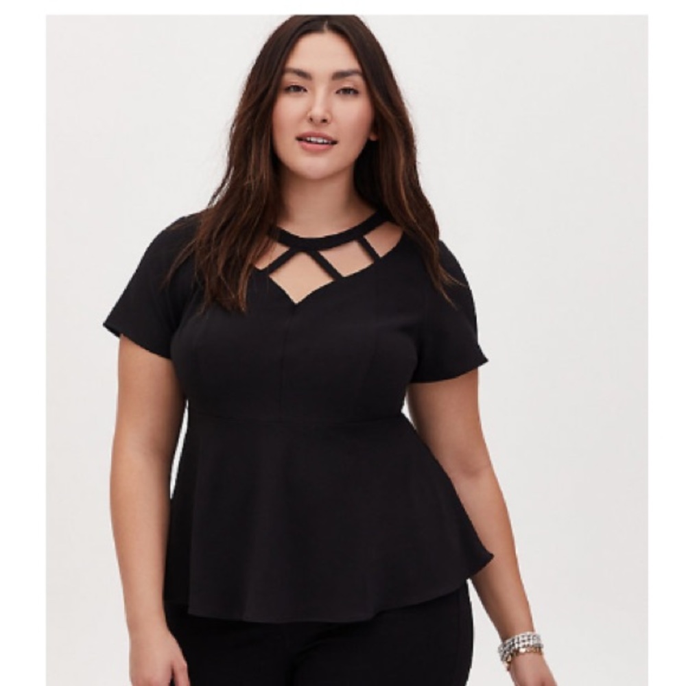 TORRID NWT BLACK CREPE CAGED PEPLUM TOP